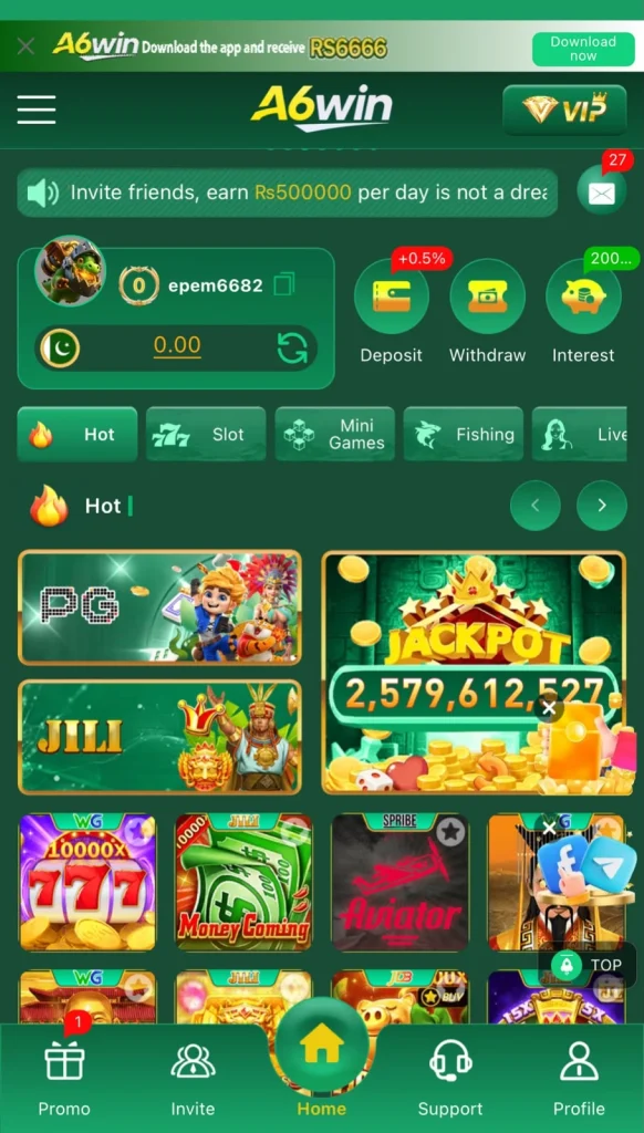 A6Win Game home dashboard